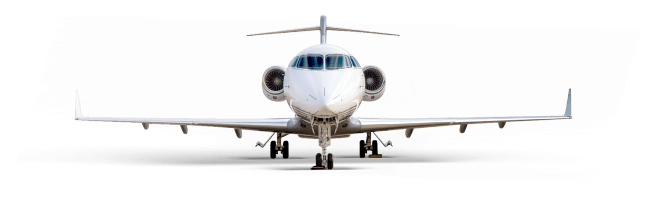 Front view of a white private jet on a black background.