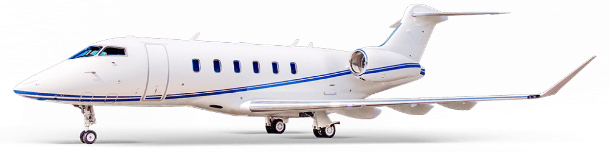 A white private jet with blue accents is parked on a runway.