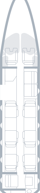 Diagram of an airplane seating layout with two side-by-side seats on each side and a small restroom at the back.