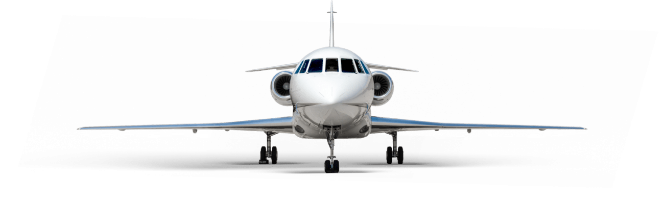 Front view of a white private jet against a black background.