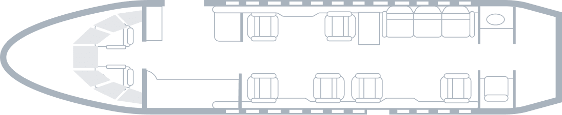 Floor plan diagram of a boat interior, showing seating arrangements and various compartments.